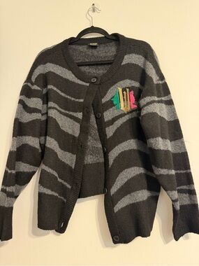 Womens Gray Striped Button-Up Cardigan Sweater - Wicked